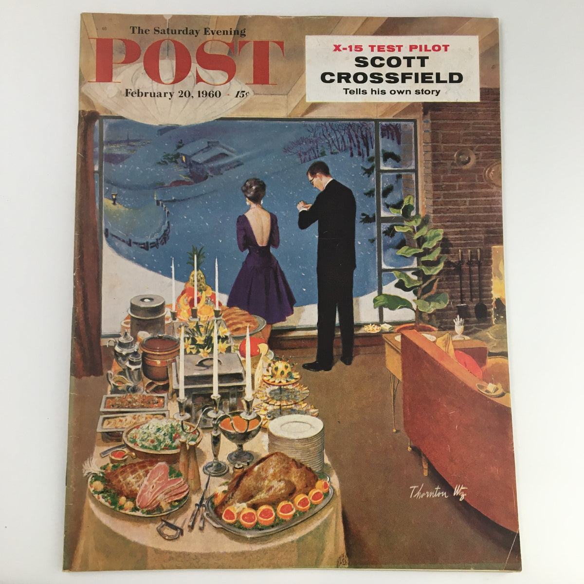 Cover of The Saturday Evening Post February 20, 1960 featuring Scott Crossfield, depicting a dinner scene with a man and woman looking out of a window at a snowy landscape, showcasing vintage design and cultural elements.