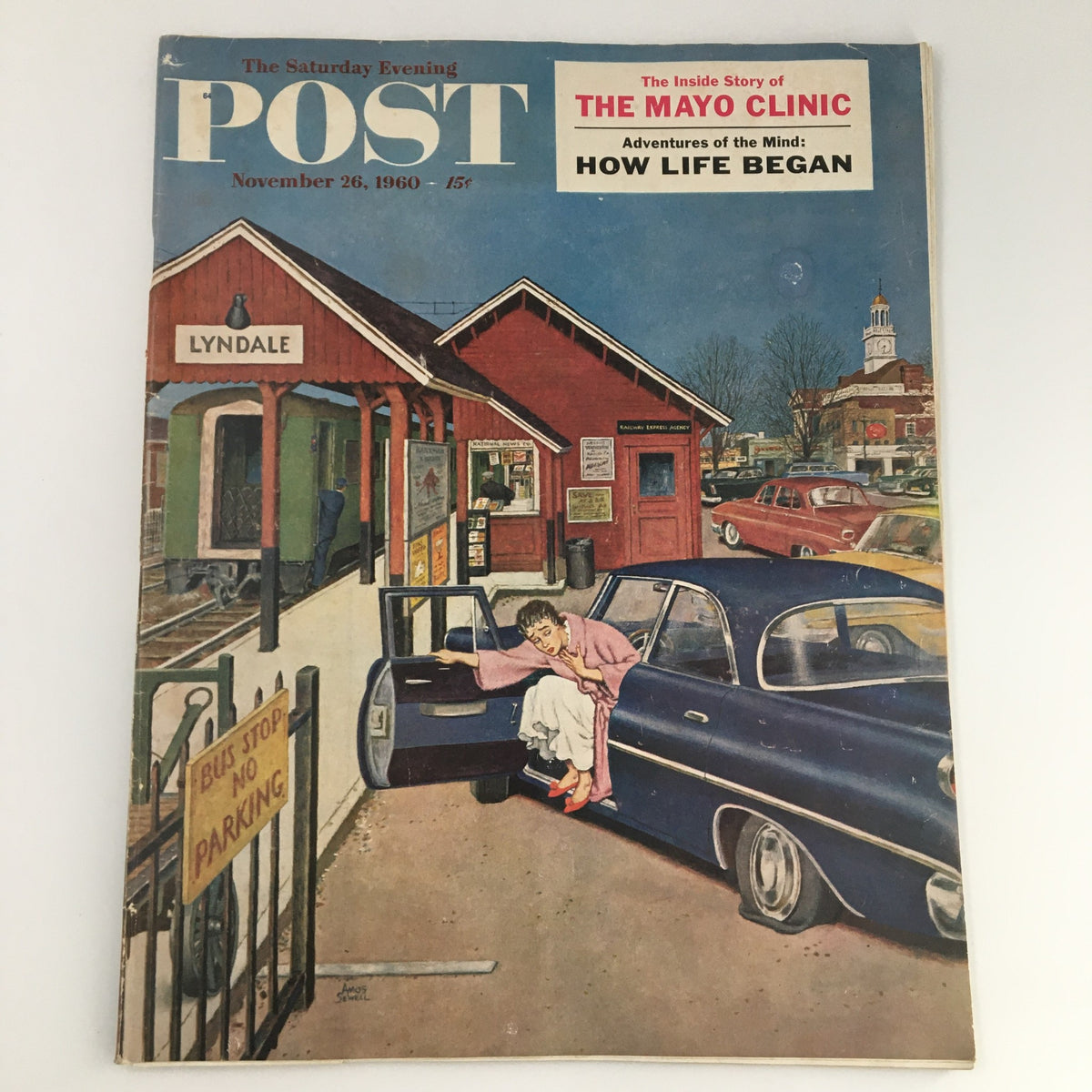 Cover of The Saturday Evening Post from November 26, 1960, featuring an illustration related to The Mayo Clinic Story, displaying a woman in a pink robe getting out of a classic car at a bus stop.