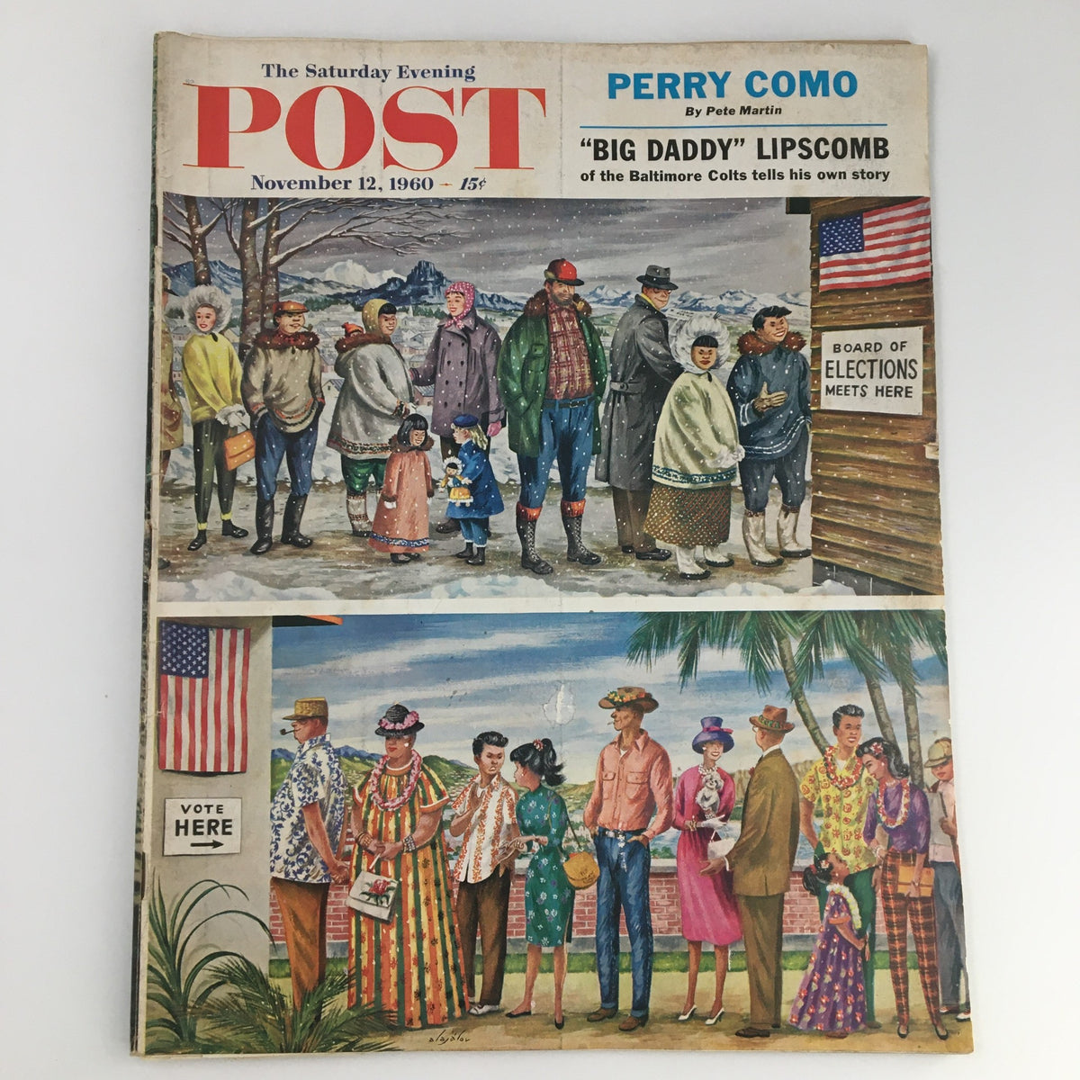 The Saturday Evening Post November 12, 1960 featuring Perry Como on the cover, showcasing a vibrant illustration depicting a snowy landscape with various figures in winter attire, alongside a colorful scene of people in tropical outfits, highlighting the cultural contrast of the era.