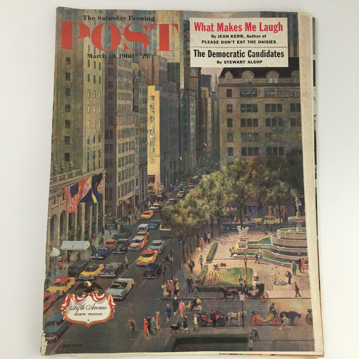 Cover of The Saturday Evening Post March 19 1960, featuring a vibrant illustration of Fifth Avenue, showcasing cars, pedestrians, and flags, underlining the theme 'The Democratic Candidates'.