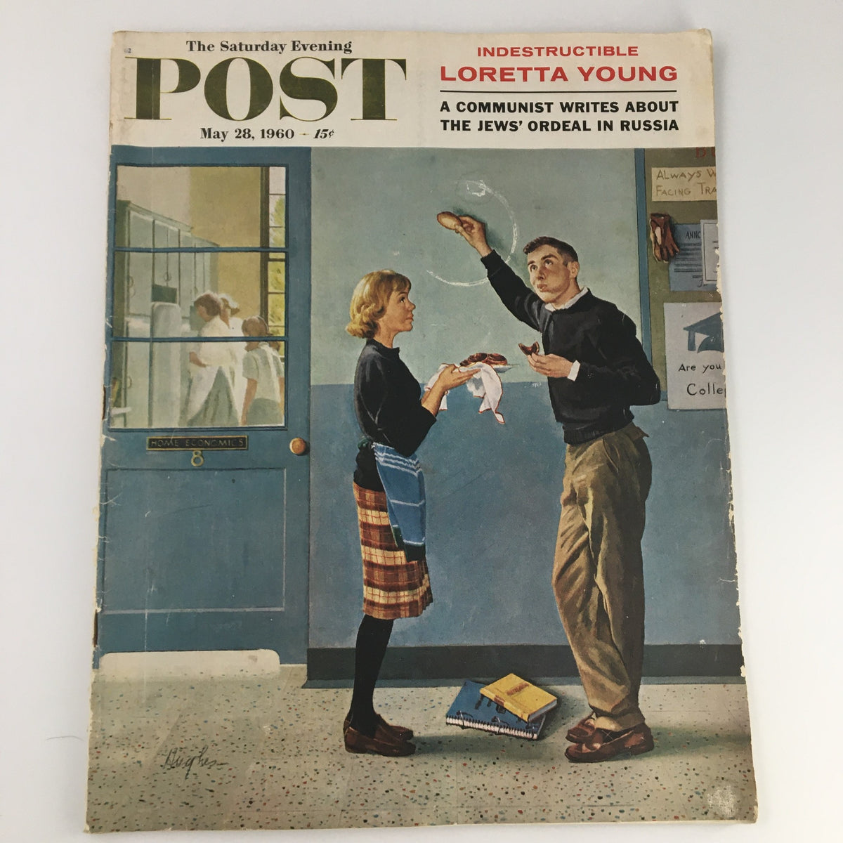 Cover of The Saturday Evening Post, May 28, 1960, featuring a scene with a woman and a man interacting, showcasing vintage art and design. The magazine highlights Loretta Young's feature.