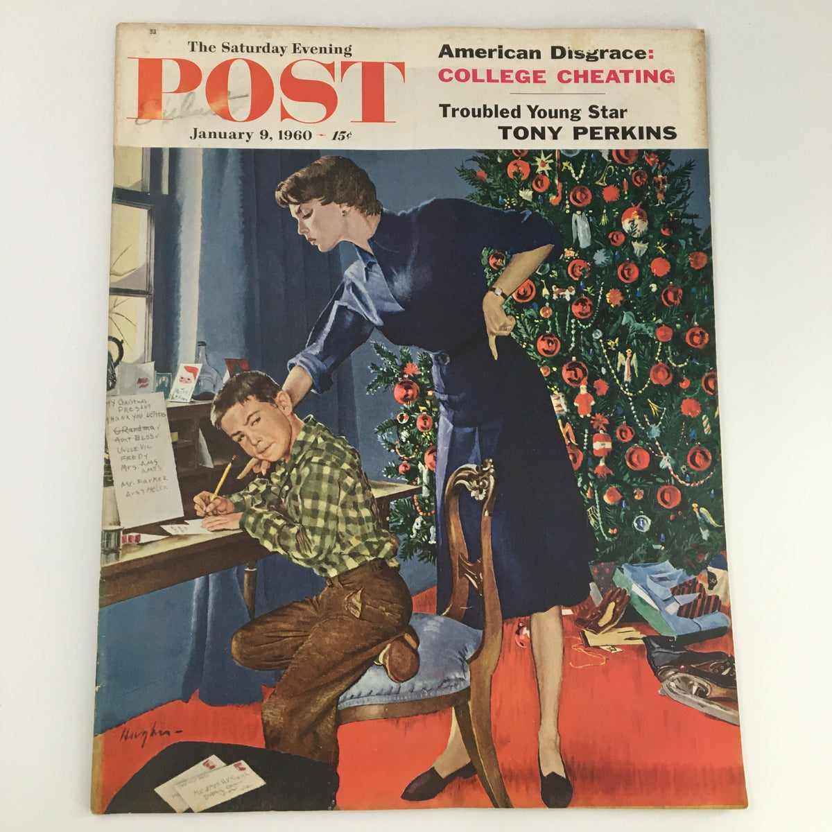 Cover of The Saturday Evening Post January 9 1960 featuring troubled star Tony Perkins, showcasing a holiday-themed scene with a young boy writing at a desk and a woman standing nearby next to a decorated Christmas tree.