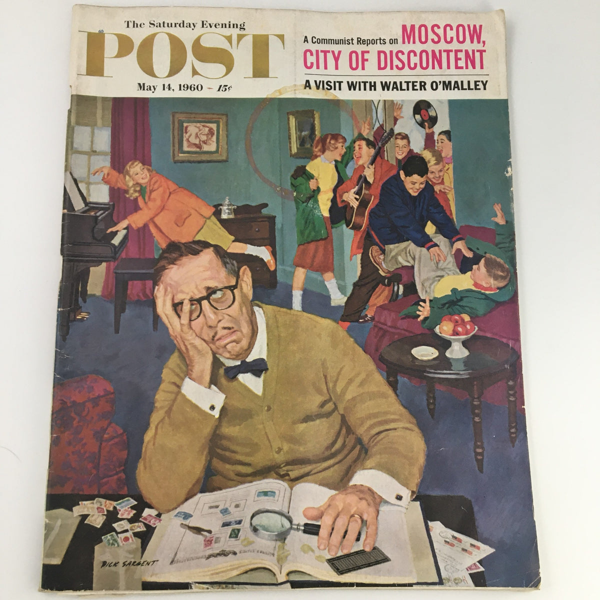Cover of The Saturday Evening Post from May 14, 1960 featuring an article on Walter O'Malley, depicting a chaotic household scene with children and a worried man, showcasing the vibrant culture of the era.