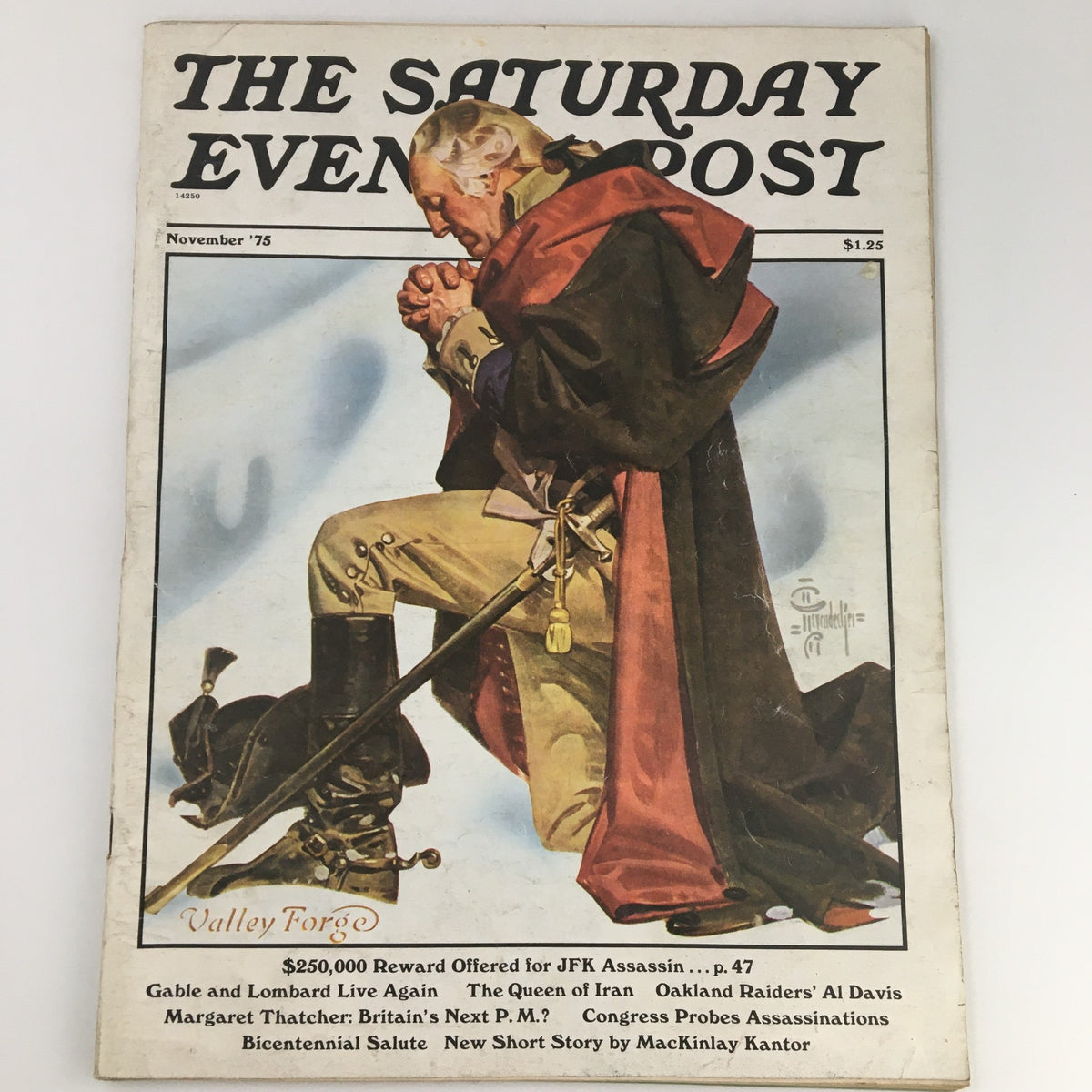 Cover of The Saturday Evening Post November 1975 featuring an illustration related to Valley Forge, highlighting articles about JFK and Margaret Thatcher.
