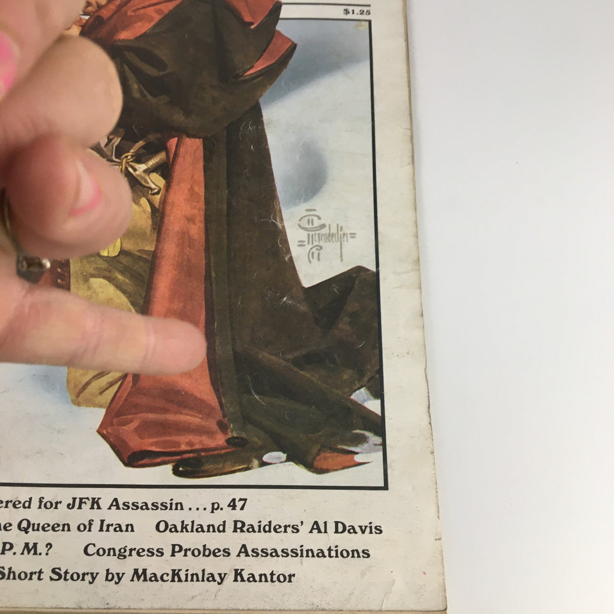 Detailed view of The Saturday Evening Post November 1975 cover, showcasing text and artwork about Valley Forge and key political figures.
