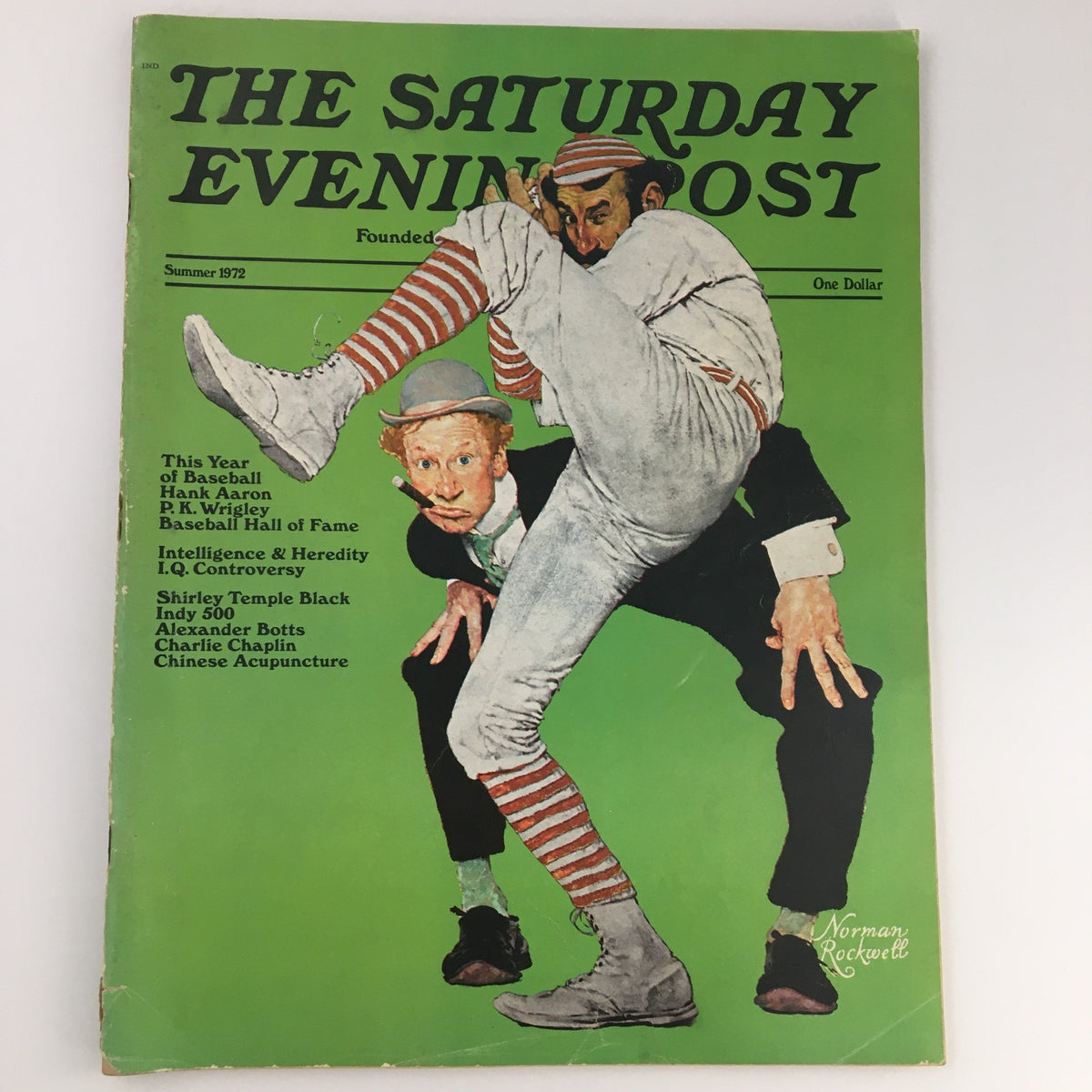 The Saturday Evening Post Summer 1972 cover featuring Hank Aaron and PK Wrigley, highlighting baseball themes with a vibrant green background and artwork by Norman Rockwell.
