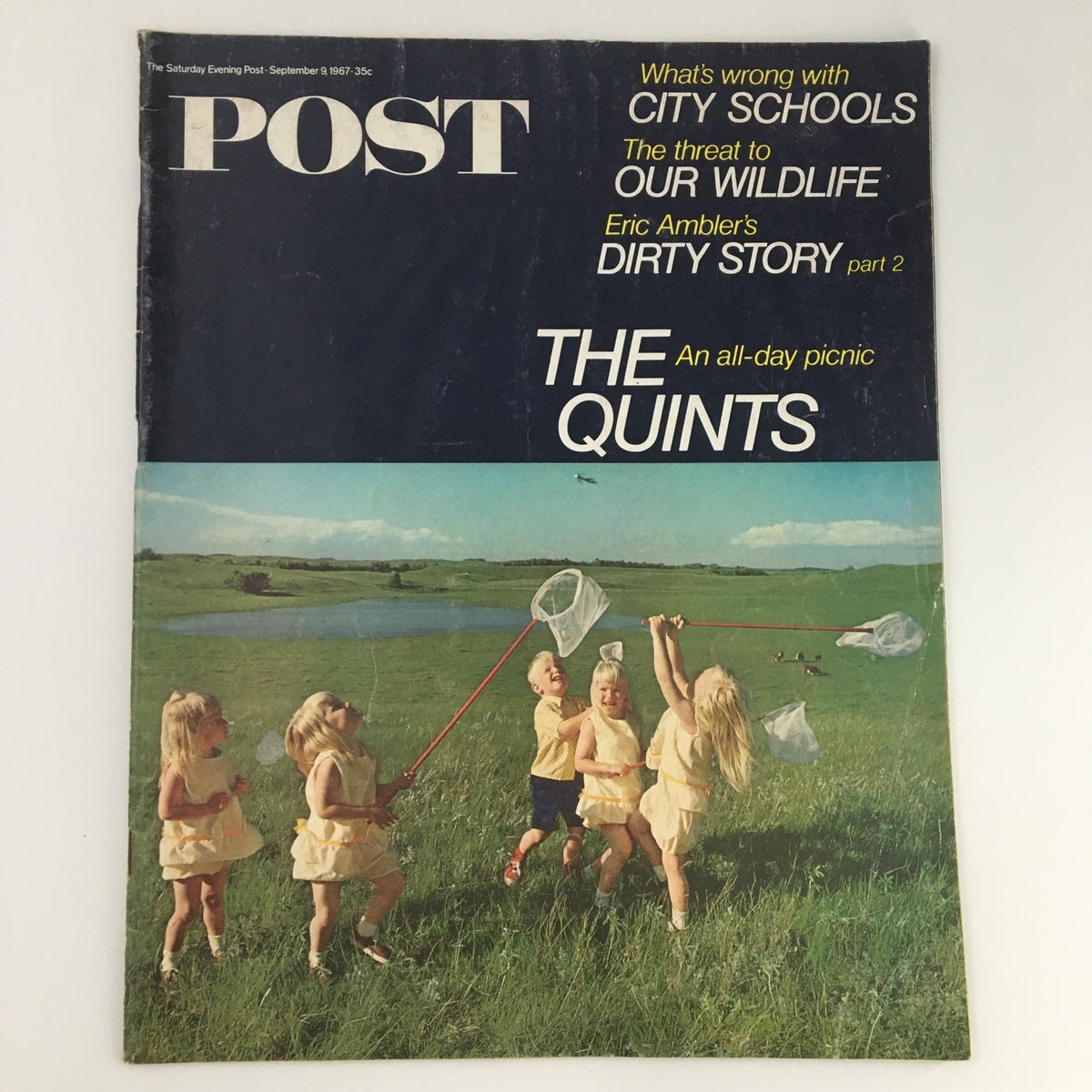 The Saturday Evening Post September 9 1967, featuring the Quintuplets cover, showcasing children playing in a field near a pond, capturing a nostalgic moment of family life in the late 1960s.