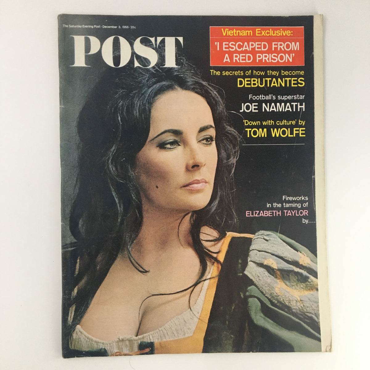 Cover of The Saturday Evening Post, December 3, 1966, featuring Elizabeth Taylor. The magazine includes articles and images relating to celebrity culture and the Vietnam War.