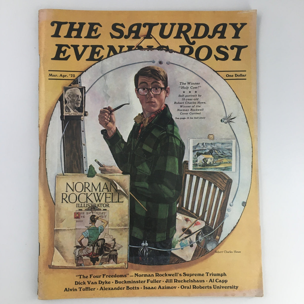 Cover of The Saturday Evening Post March-April 1973 featuring a Dick Van Dyke feature, illustrated by Norman Rockwell. The magazine displays vibrant colors and artistic elements showcasing a nostalgic view.