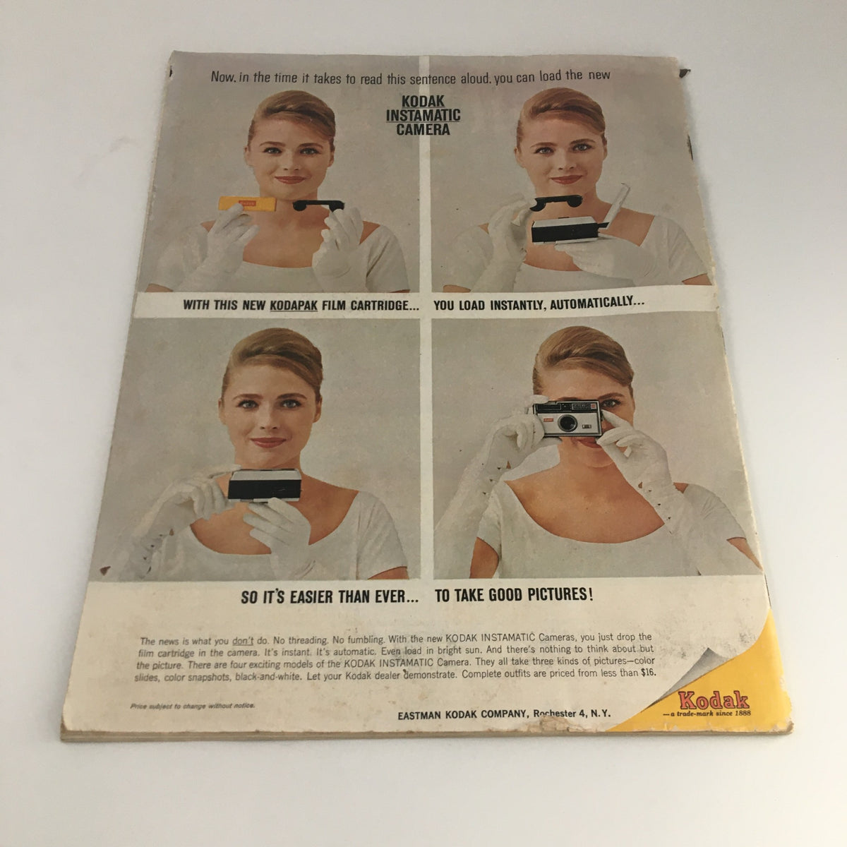 Back cover of The Saturday Evening Post May 18, 1963 featuring an advertisement for the Kodak Instamatic Camera, showcasing a woman demonstrating how to load the film.