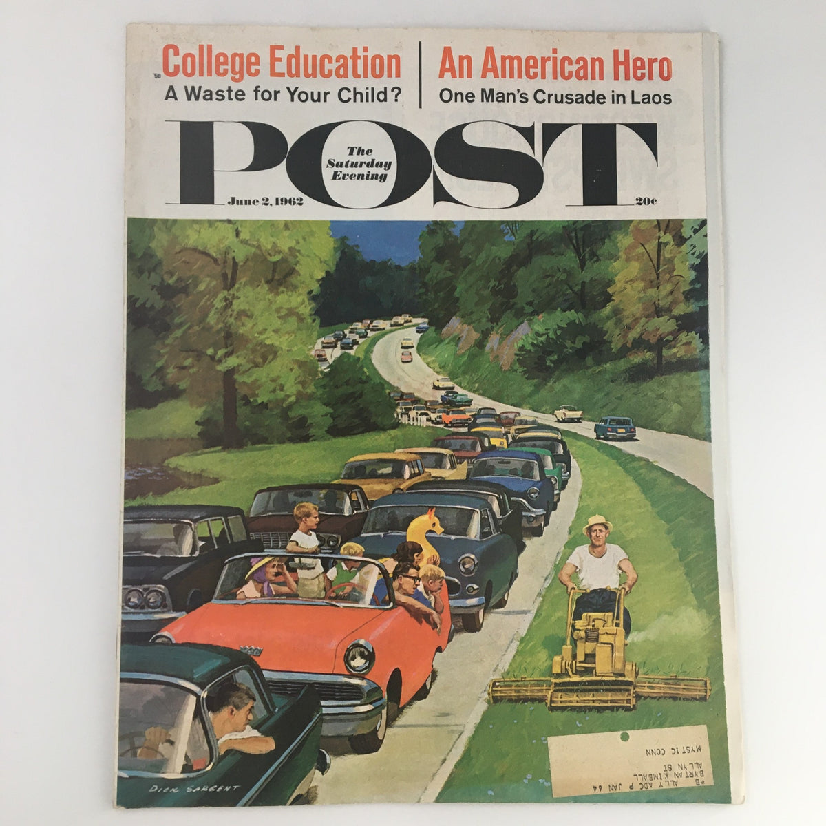 Cover of The Saturday Evening Post from June 2, 1962, featuring the title 'An American Hero: One Man's Crusade in Laos', depicting a busy road scene with various cars and a man mowing the grass beside the road.
