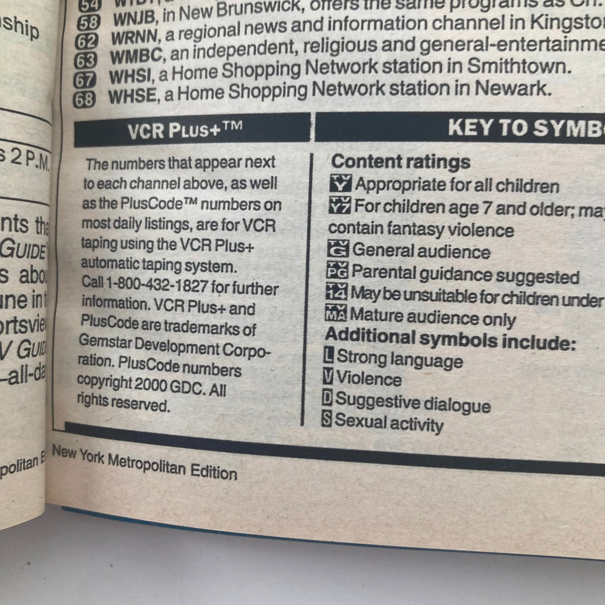 Interior page from TV Guide Magazine, May 27, 2000, detailing content ratings and symbols used in the TV programming guide.