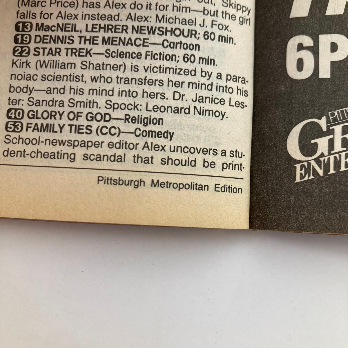 TV Guide Magazine December 5 1987 featuring Connie Sellecca, showcasing Pittsburgh Metro Edition television listings including shows like Star Trek, Family Ties, and Dennis the Menace.