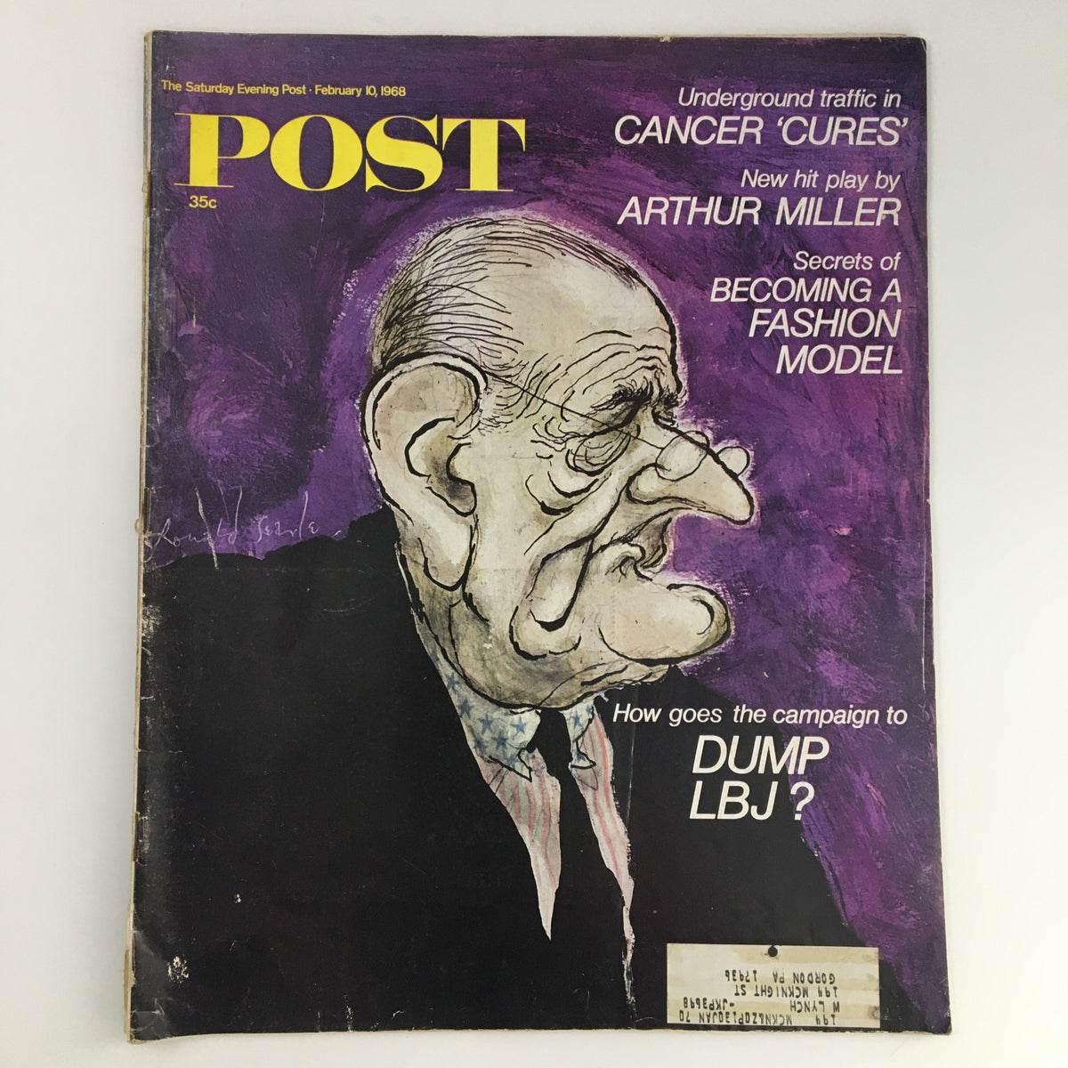 The Saturday Evening Post February 10 1968 cover featuring a caricature illustration of Lyndon B. Johnson, showcasing key themes from the era such as politics and culture.