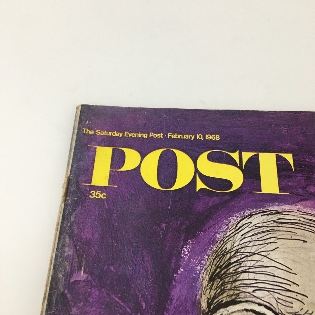 Close-up of The Saturday Evening Post February 10 1968 cover, highlighting the magazine's title and date along with the artistic depiction of Lyndon B. Johnson.