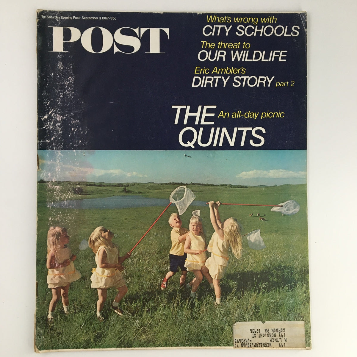 The Saturday Evening Post September 9 1967 magazine cover featuring a group of children, the quintuplets, playing outdoors with butterfly nets in a grassy field, highlighting nostalgic family moments.