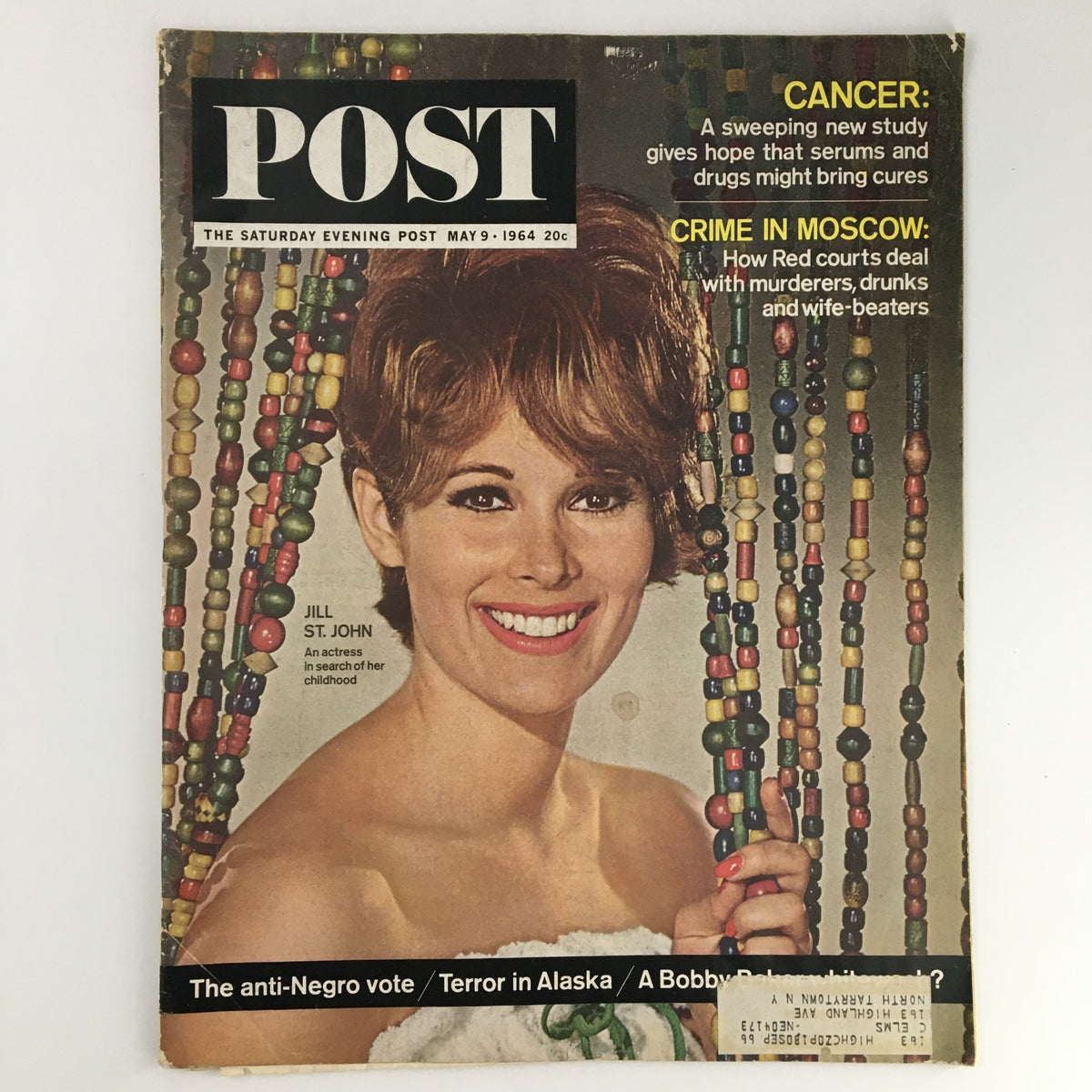 The Saturday Evening Post May 9 1964 cover featuring Jill St. John, showcasing articles on crime in Moscow and a feature about cancer research.
