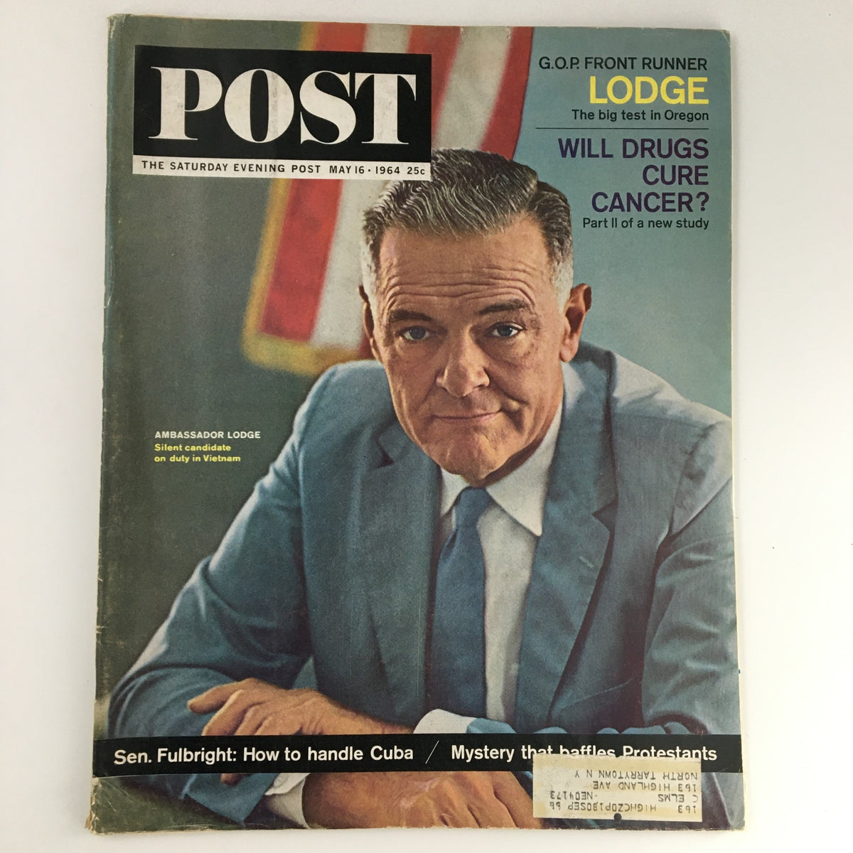 Cover image of The Saturday Evening Post May 16 1964 featuring Ambassador Henry Cabot Lodge Jr., showcasing a vintage design and headlines about political topics and cultural insights of the era.