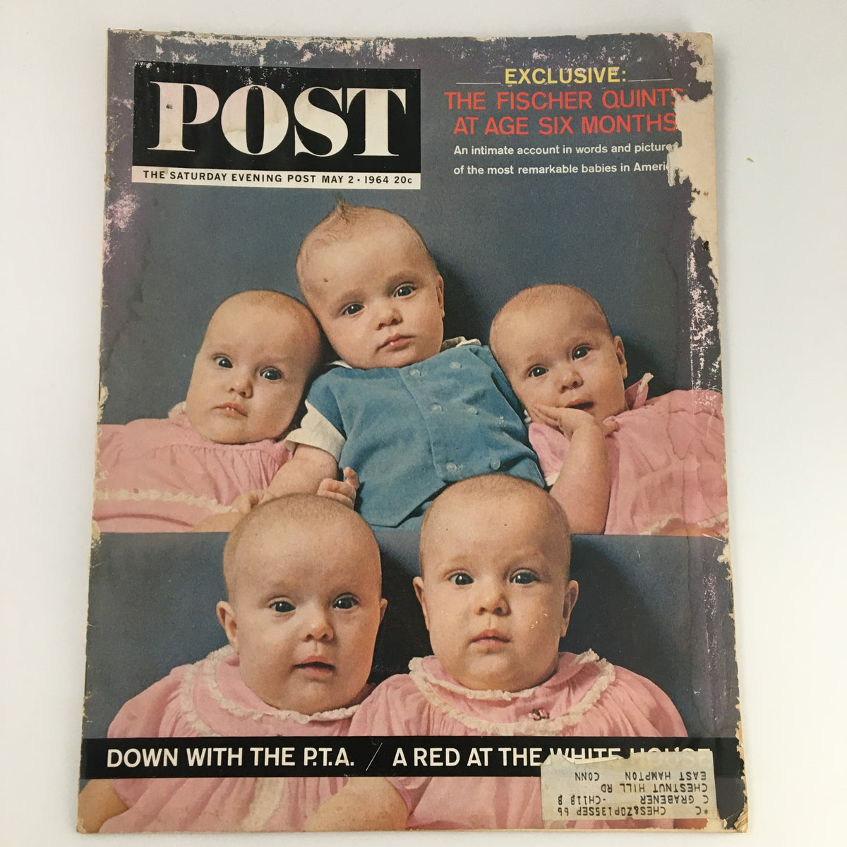 Cover of The Saturday Evening Post from May 2, 1964 showcasing the Fischer Quintuplets at six months old. Includes striking images of four babies on the front, depicting their playful expressions.