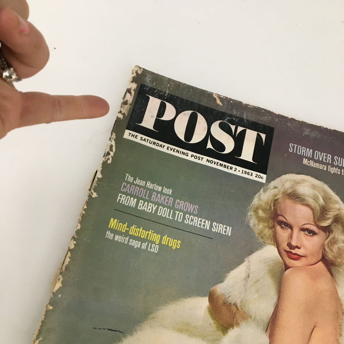 Cover of The Saturday Evening Post November 2, 1963 showcasing the Jean Harlow look with a feature on Carroll Baker, highlighting vintage magazine aesthetics.