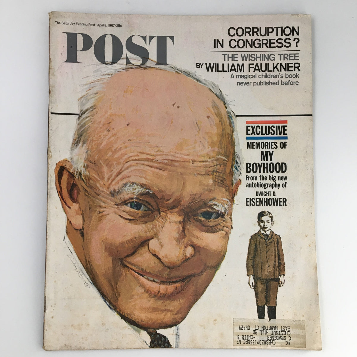 Cover of The Saturday Evening Post, April 8, 1967, featuring Dwight D. Eisenhower and his memoir 'Memoirs of My Boyhood'. Vintage magazine showcasing historical significance and character wear.
