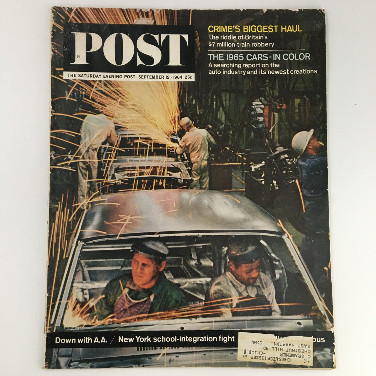 Cover of The Saturday Evening Post dated September 19, 1964, featuring the title 'The 1965 Cars & Crime's Biggest Haul' with an image of car manufacturing and a headline discussing Britain's $7 million train robbery.