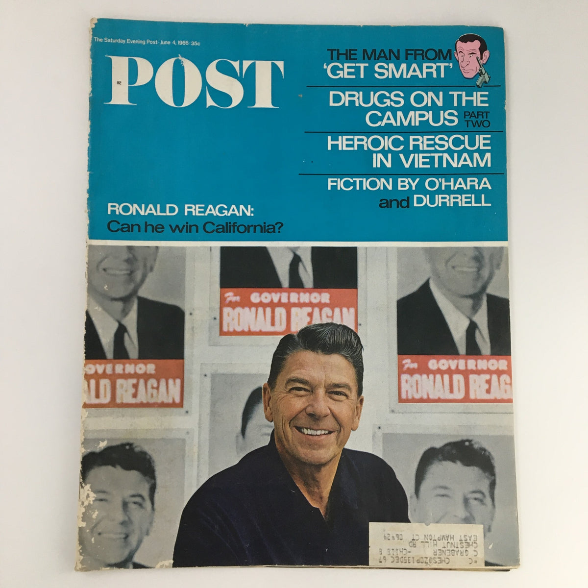 The Saturday Evening Post June 4 1966 featuring Ronald Reagan on the cover, showcasing his image alongside campaign posters with the question: 'Can he win California?'. Vintage magazine with minor wear.