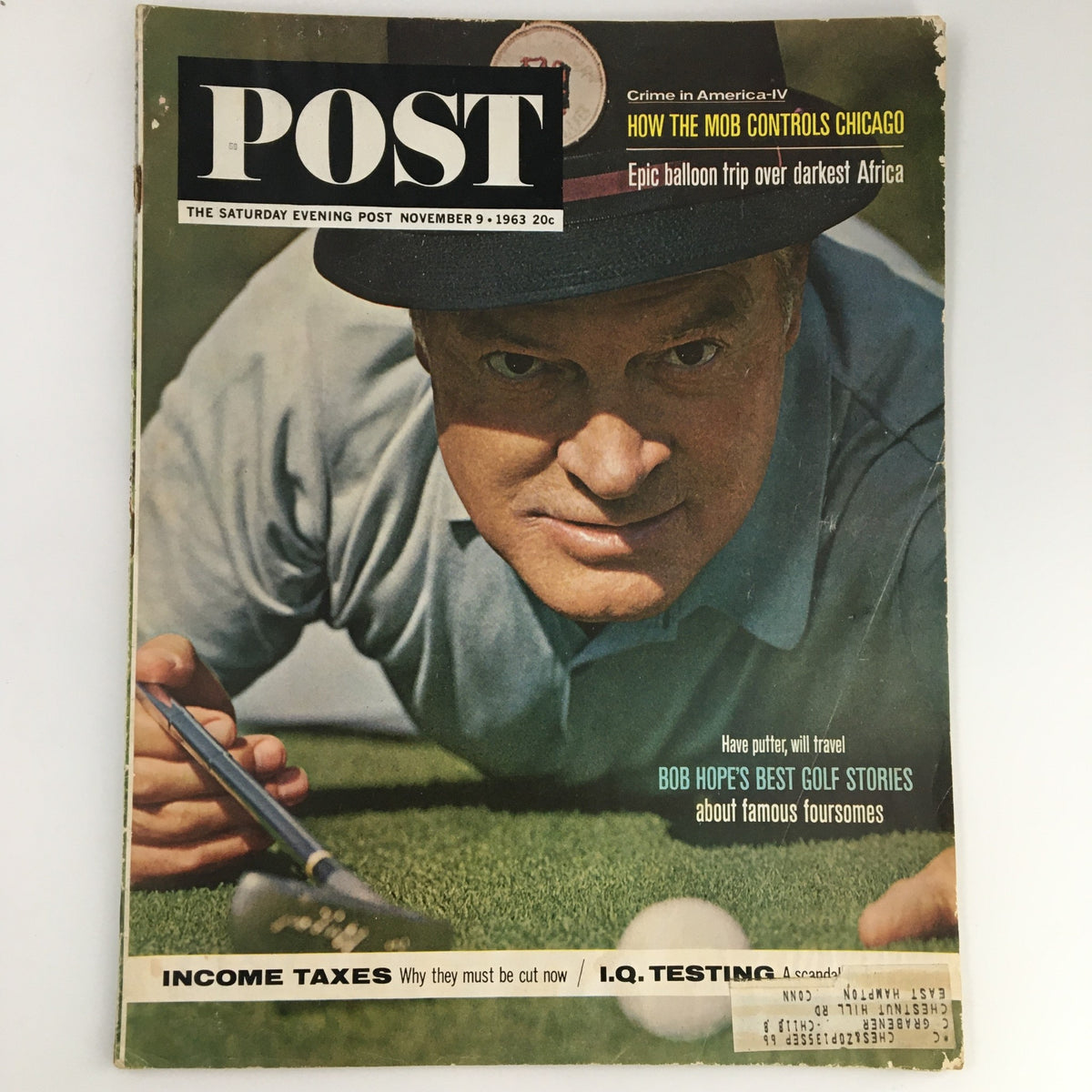 Cover of The Saturday Evening Post dated November 9, 1963, featuring Bob Hope's Best Golf Stories, highlighting a close-up image of a golfer preparing to putt on the green.