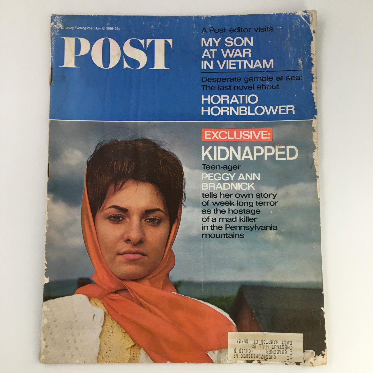 Cover image of The Saturday Evening Post July 16, 1966 featuring Peggy Ann Bradnick, highlighting the exclusive story 'Kidnapped' with wear and tear indicative of its vintage status.