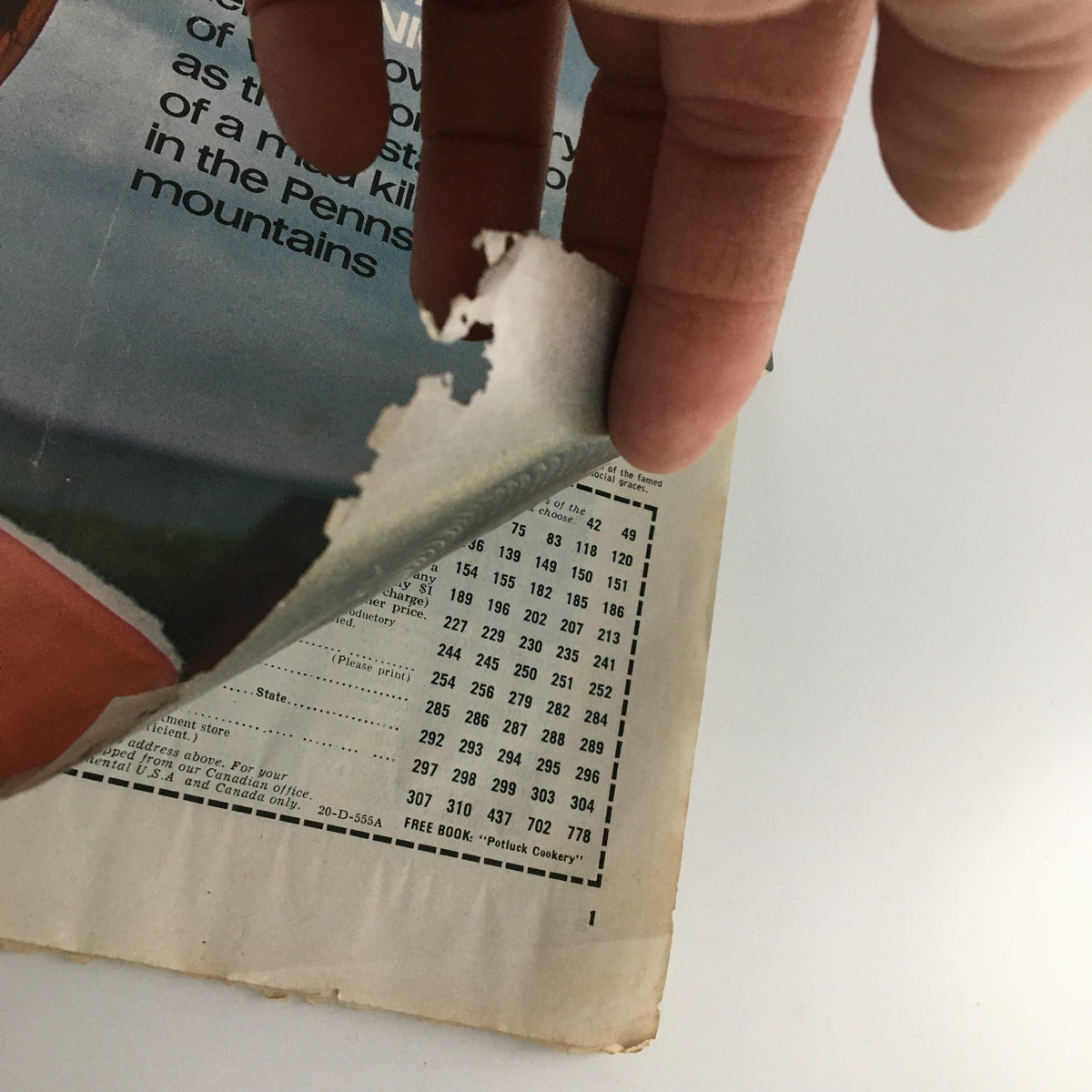 Interior view of The Saturday Evening Post July 16, 1966, revealing details about Peggy Ann Bradnick's exclusive kidnapping story and condition of the paper.