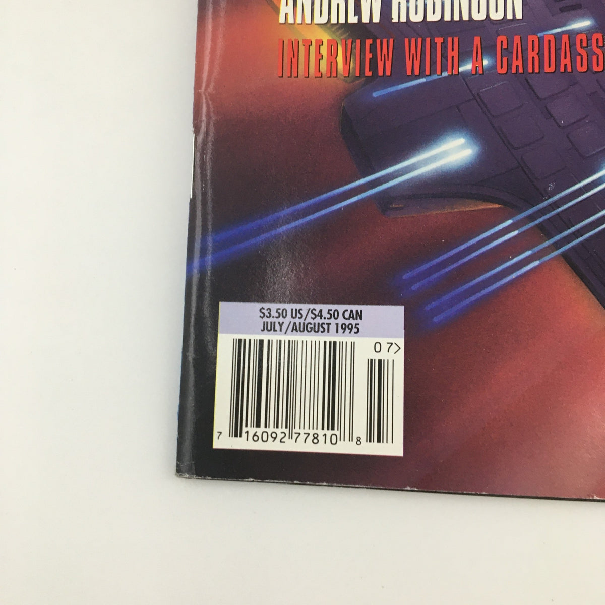 Back cover of Star Trek Communicator Magazine July August 1995 highlighting interview with Andrew Robinson and featuring barcode details.