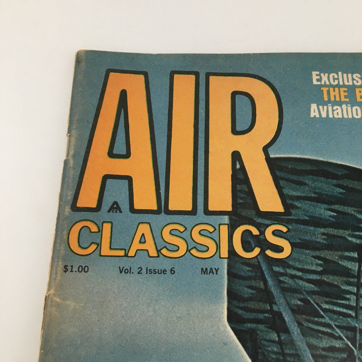 Close-up shot of the title section of VTG Air Classics Magazine May 1965 Vol 2 #6, showcasing the prominent title 'AIR CLASSICS' along with the issue details and a mention of The Blue Max.