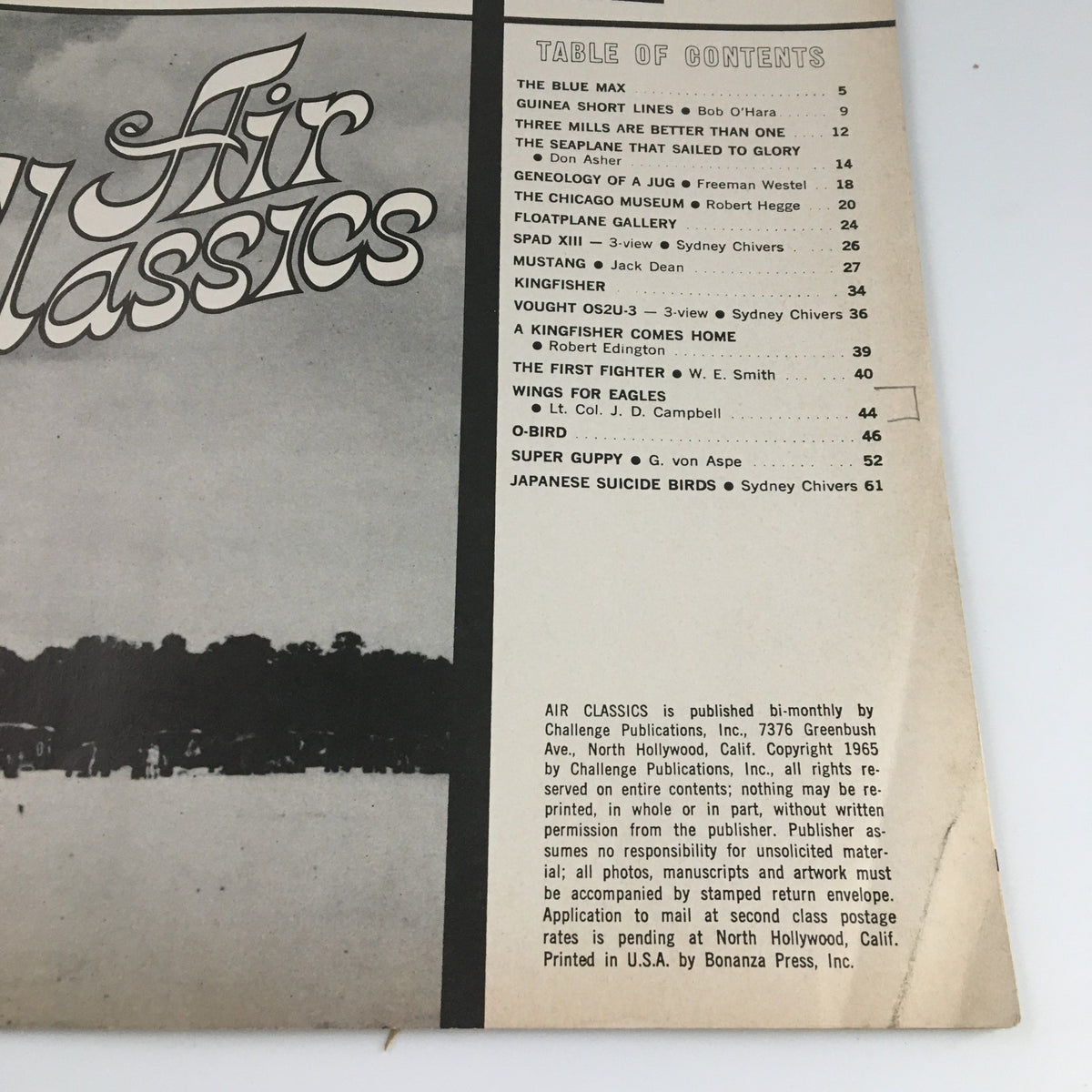 Back cover of VTG Air Classics Magazine May 1965 Vol 2 #6 displaying the table of contents with various aviation topics and articles related to Air Classics.