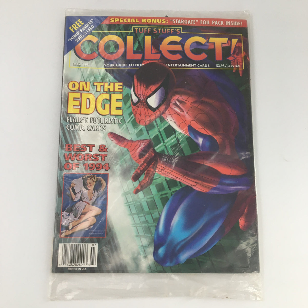 Tuff Stuff's Collect Magazine March 1995 featuring a Marvel Spider-Man cover, showcasing Spider-Man in a dynamic pose on a colorful background, part of a collectible vintage magazine series.