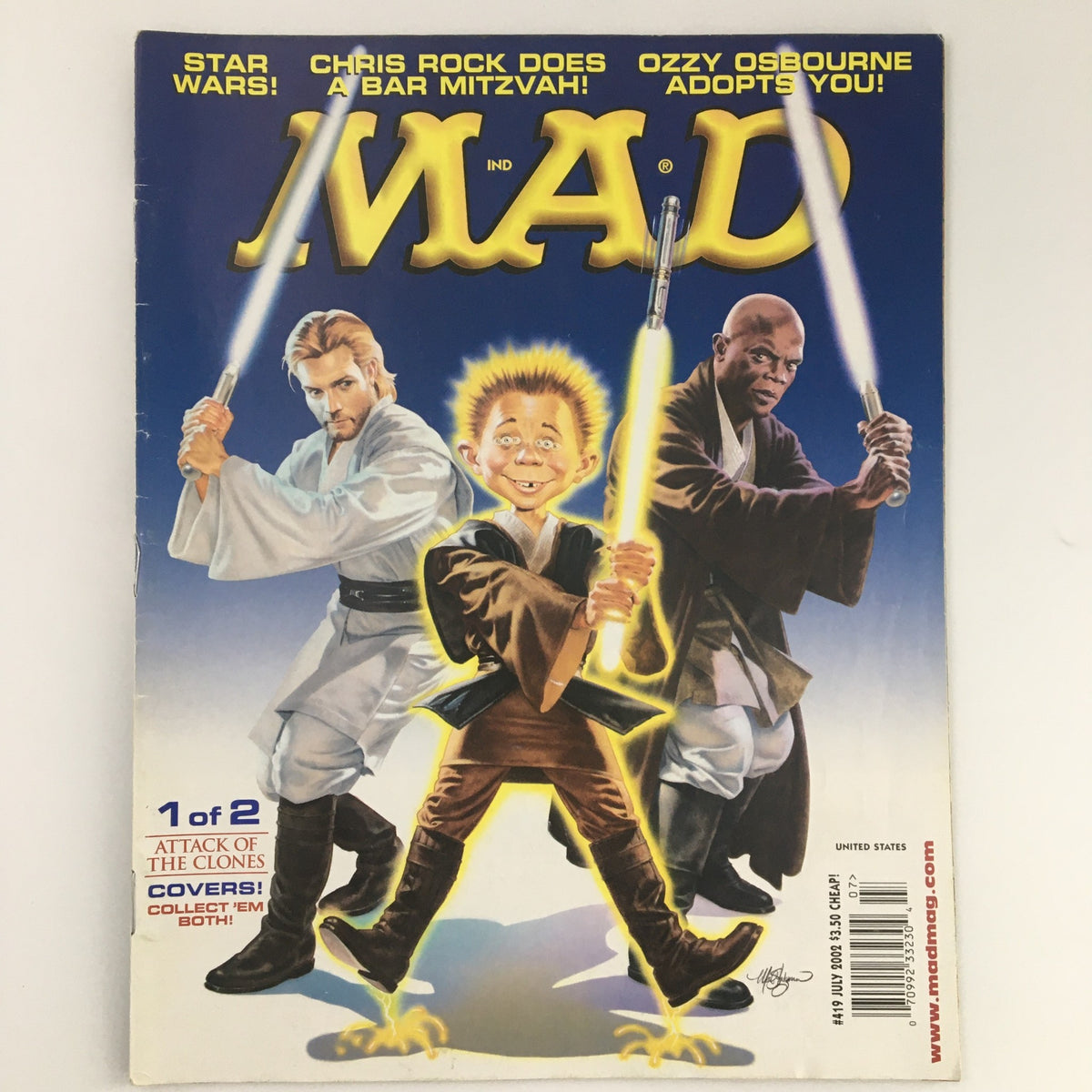 Cover of Mad Magazine July 2002 #419 featuring comedians Chris Rock and Ozzy Osbourne, depicting them in a humorous lightsaber duel, capturing early 2000s pop culture signature style.