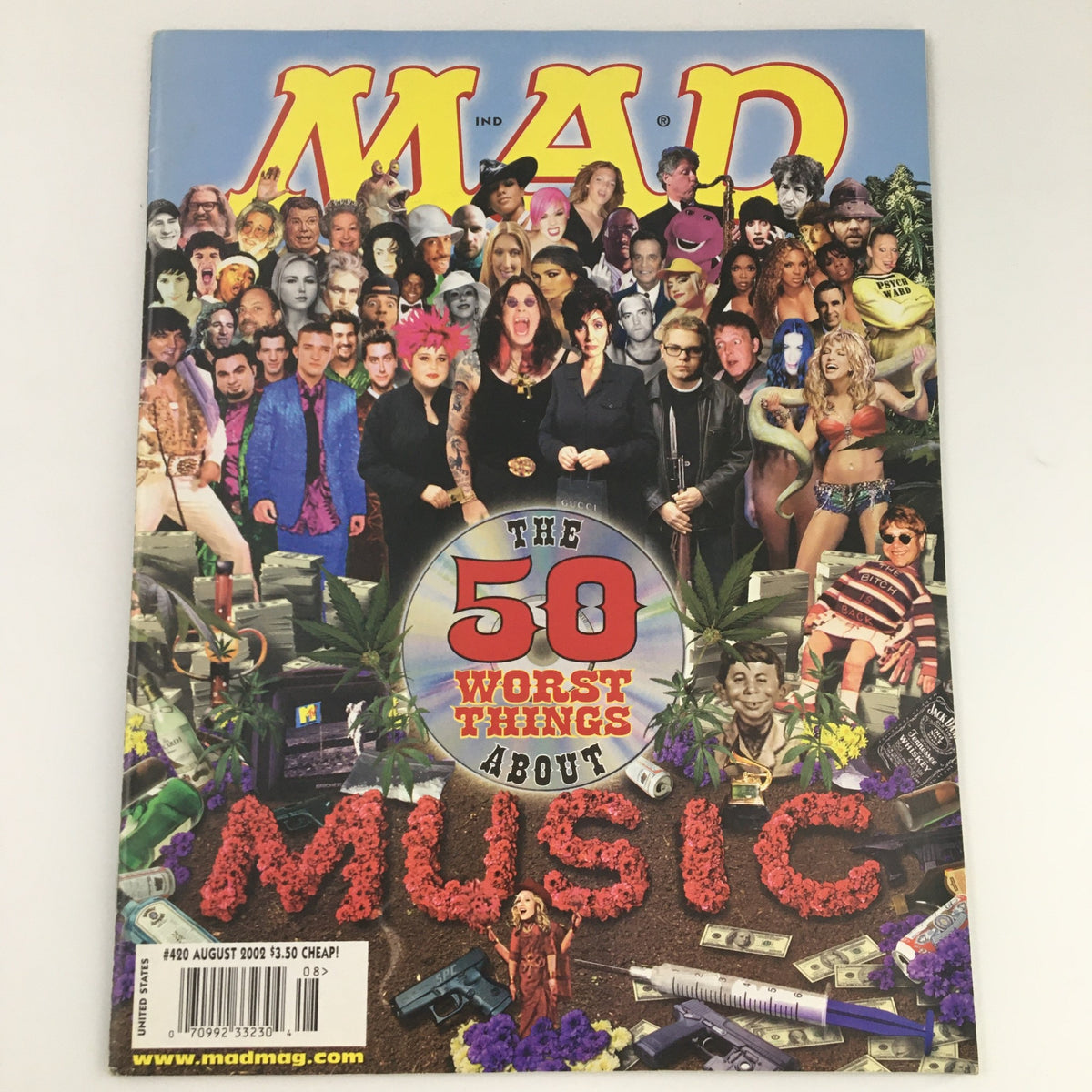Mad Magazine August 2002 #420 cover featuring 'The 50 Worst Things About Music' with a collage of characters and humorous imagery, ideal for vintage magazine collectors.