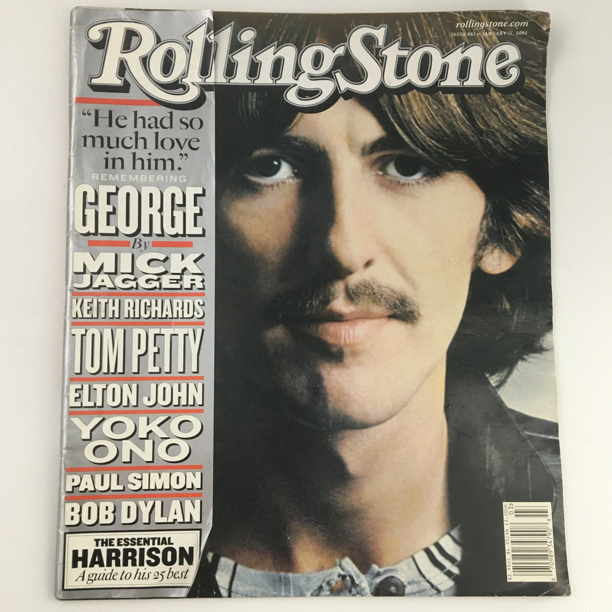 Cover of Rolling Stone Magazine January 17 2002 #887, featuring a tribute to George Harrison with images of Mick Jagger, Keith Richards, Tom Petty, Elton John, Yoko Ono, Paul Simon, and Bob Dylan.