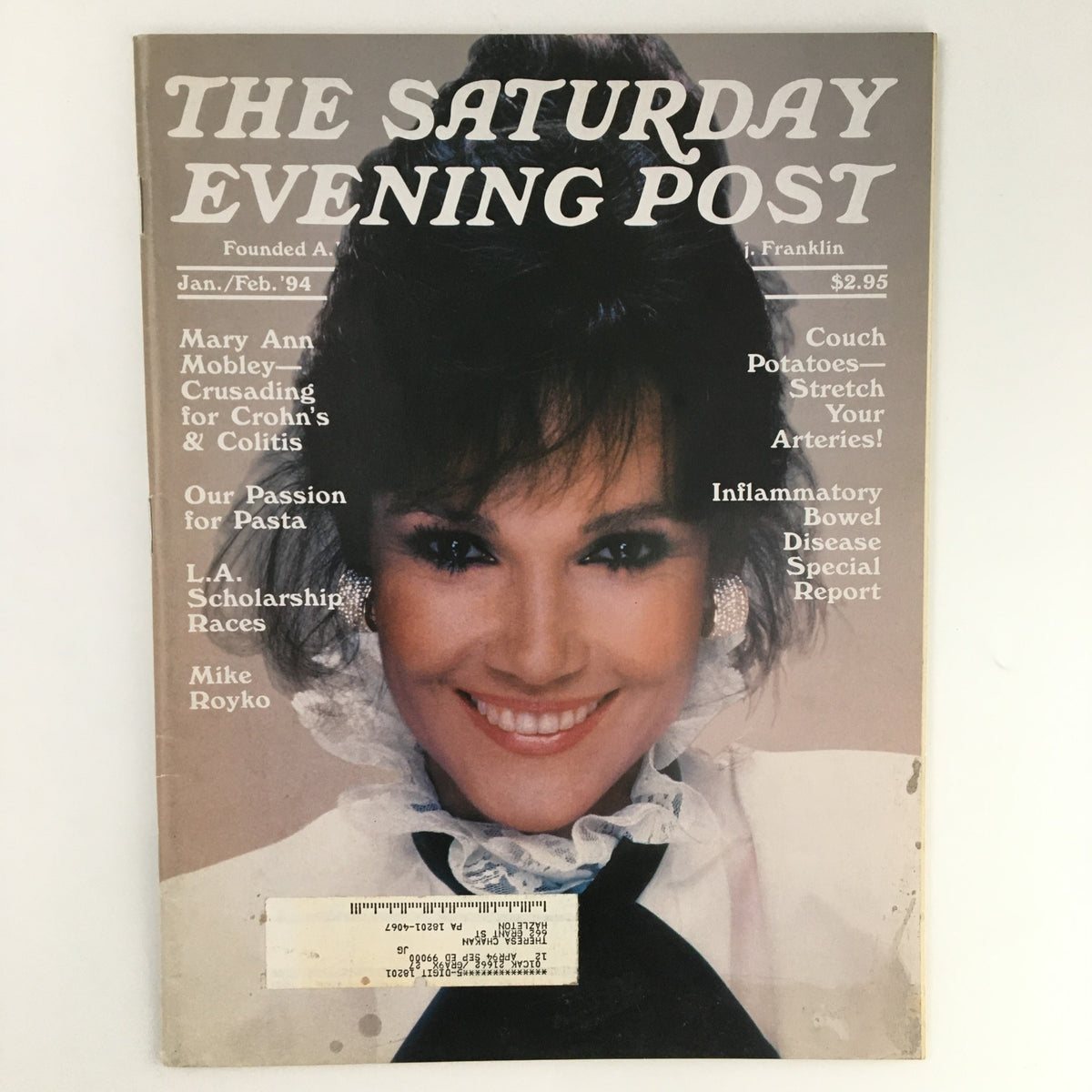 Cover of The Saturday Evening Post from January-February 1994 featuring Mary Ann Mobley on the front, along with headlines about Mike Royko and various topics including inflammatory bowel disease and scholarship races.