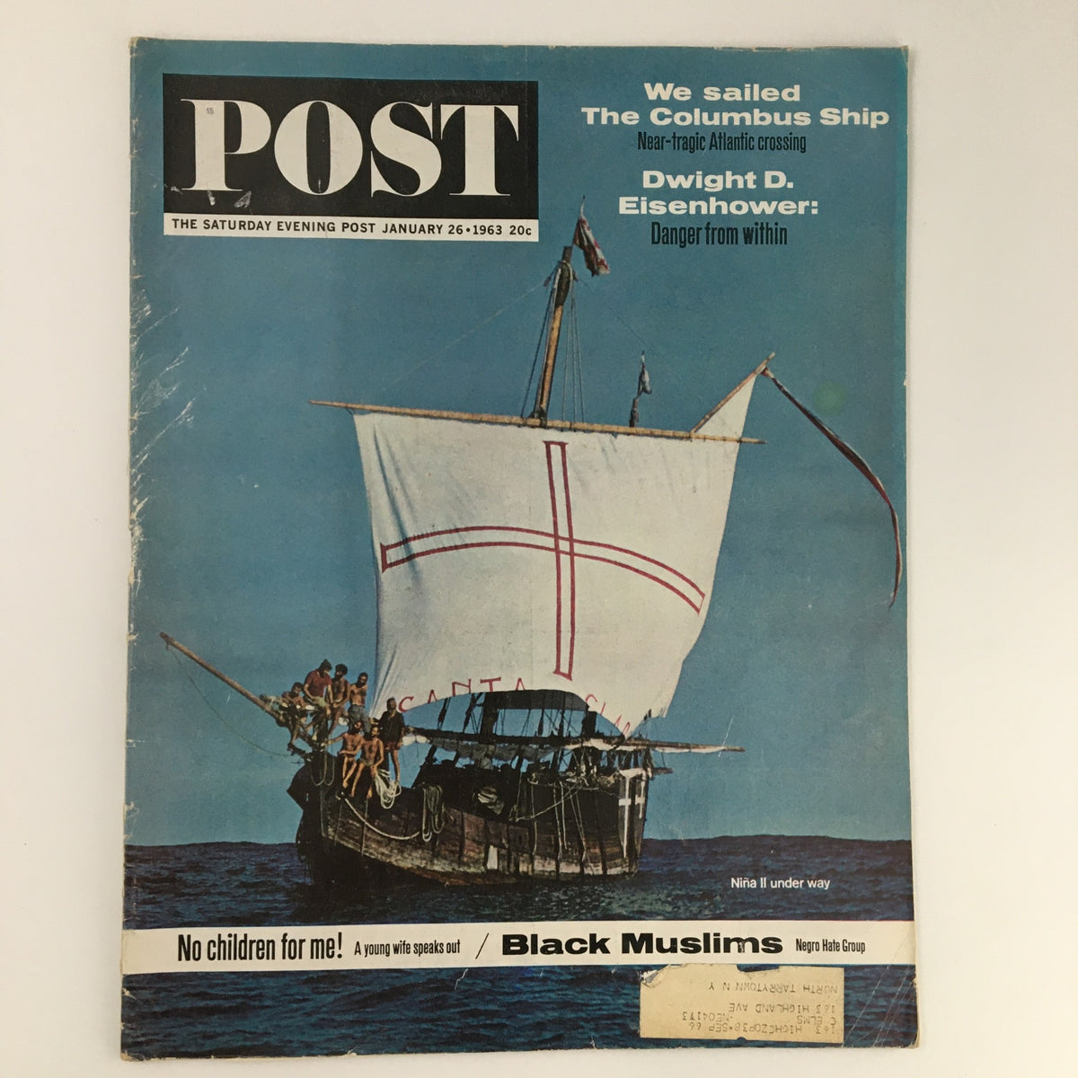 Cover of The Saturday Evening Post dated January 26, 1963, featuring an article on General Dwight D. Eisenhower, showcasing a ship with bright sails, reflecting the vintage style of early 1960s magazines.
