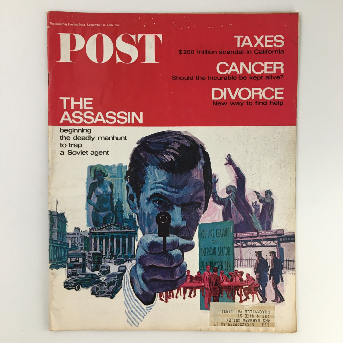 Cover of The Saturday Evening Post, September 10, 1966, featuring the striking 'Soviet Assassin' artwork, highlighting themes of espionage and intrigue from the Cold War era.
