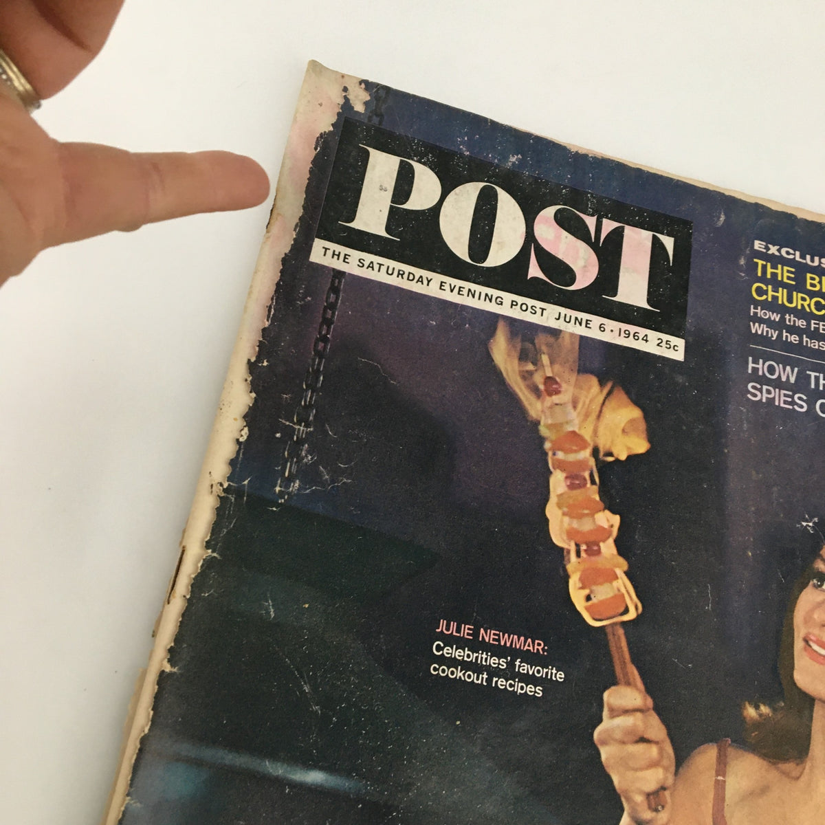 Close-up of The Saturday Evening Post June 6 1964 cover depicting actress Julie Newmar, highlighting the nostalgic theme and celebrity cookout recipes featured in the issue.