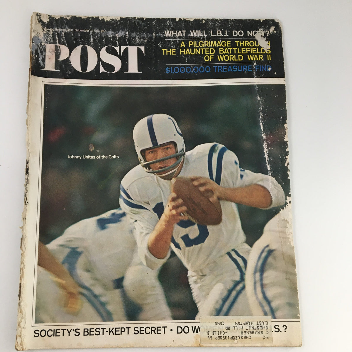 Cover of The Saturday Evening Post from December 12, 1964, featuring NFL legend Johnny Unitas of the Colts, showcasing the nostalgic sports history.