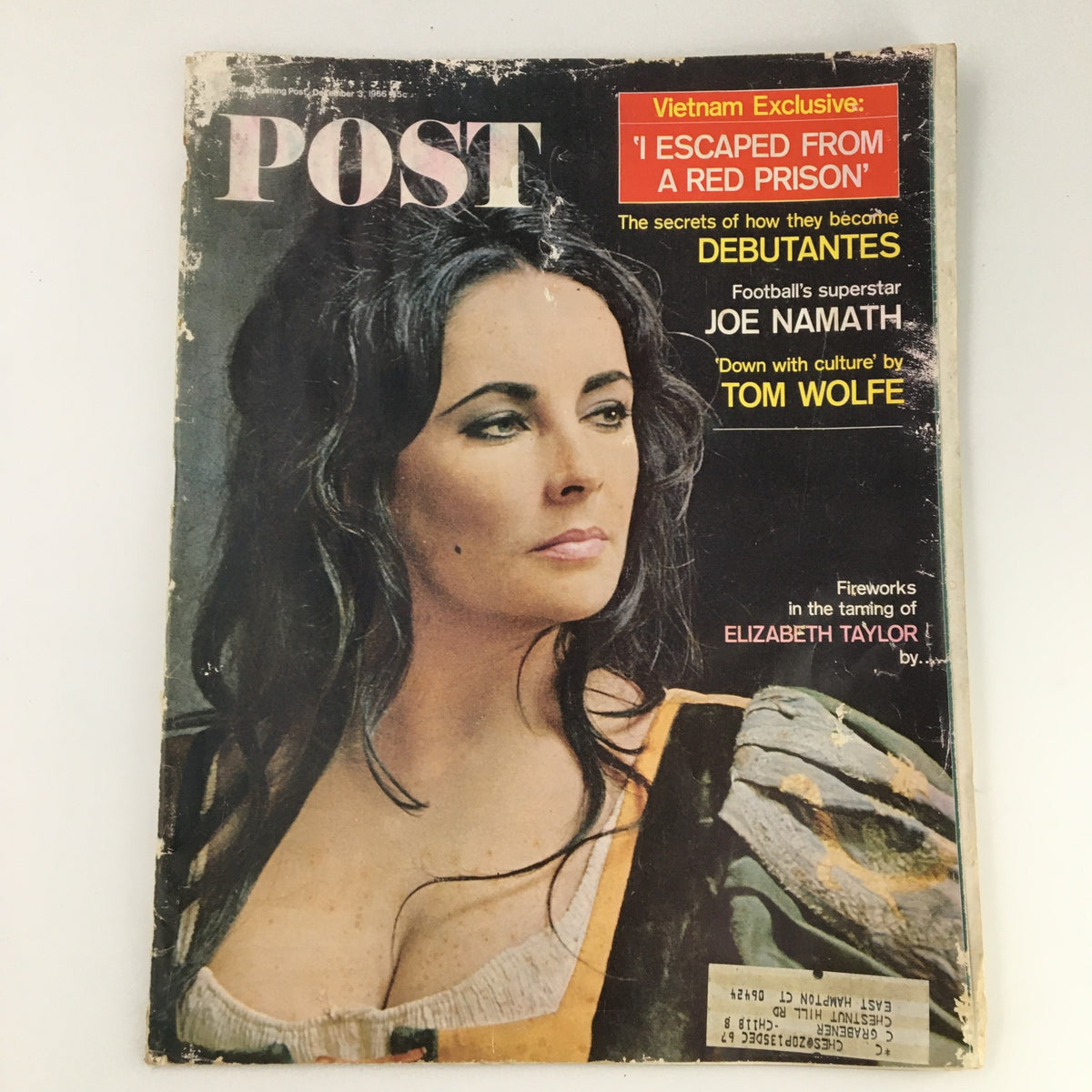The Saturday Evening Post December 3 1966 magazine cover featuring a portrait of Elizabeth Taylor with text highlighting Joe Namath and Tom Wolfe articles.