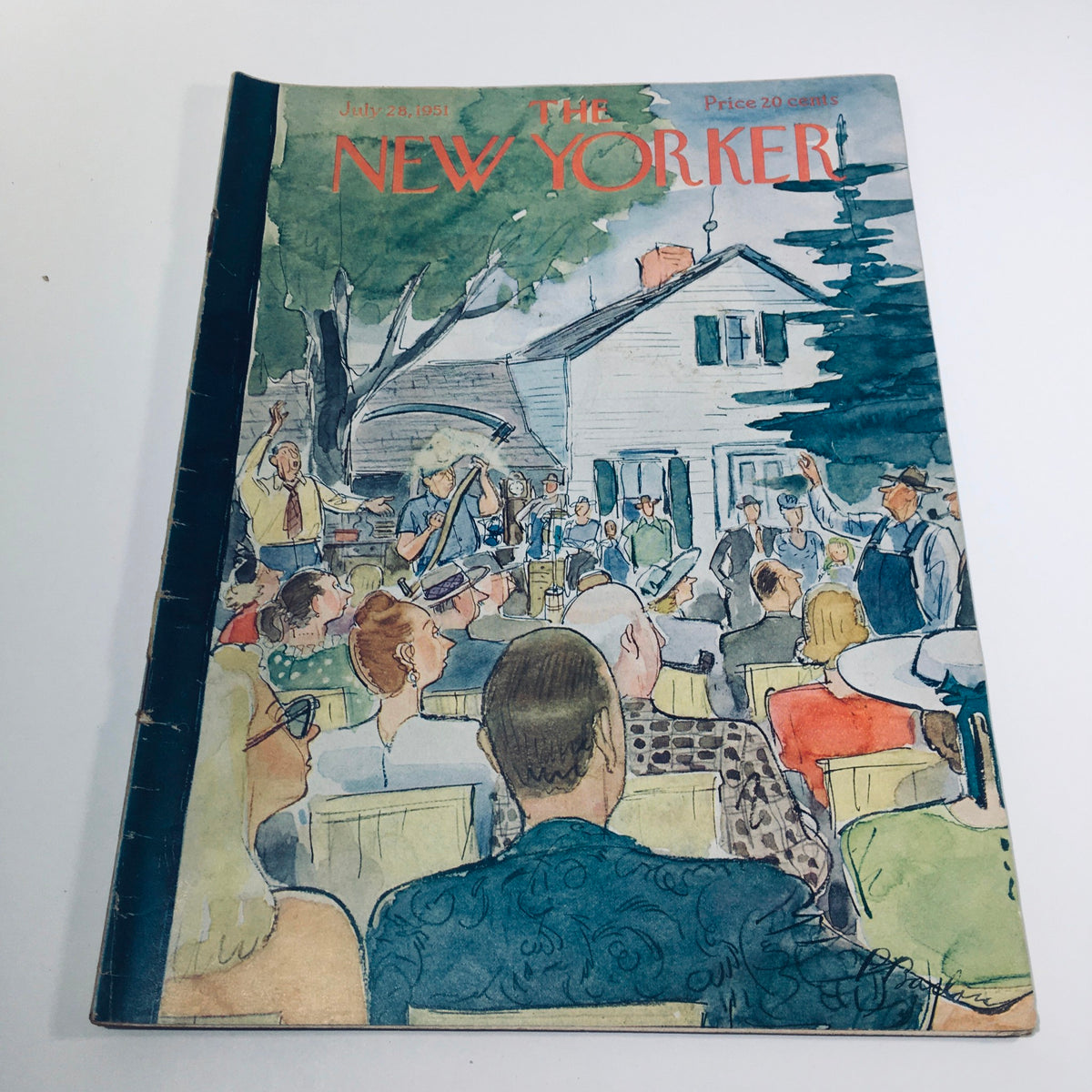 The New Yorker Magazine July 28 1951 features a full theme cover by Perry Barlow, depicting a lively scene with an audience at an outdoor event, showcasing the artistic style of the era.