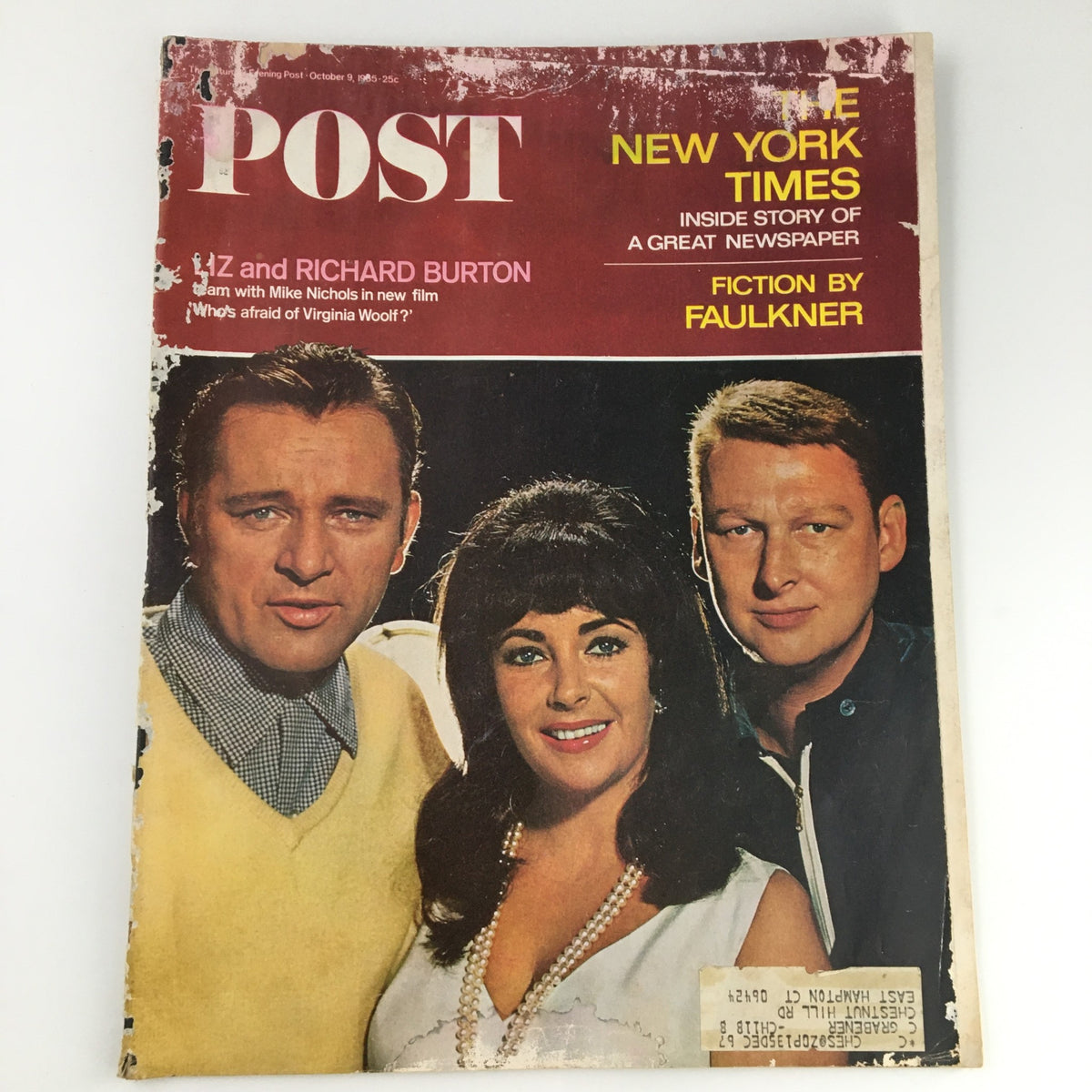 The Saturday Evening Post October 9 1965 featuring Liz Taylor and Richard Burton with Mike Nichols, showcasing vintage Hollywood charm and classic entertainment.