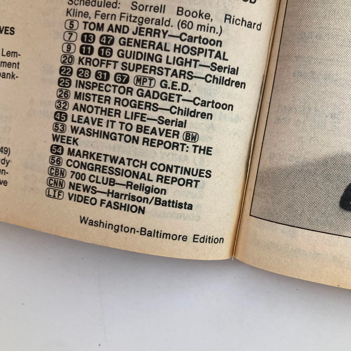 Page from TV Guide Magazine April 7 1984 featuring television listings, including shows like Tom and Jerry, General Hospital, and Inspector Gadget, in Washington-Baltimore Edition.