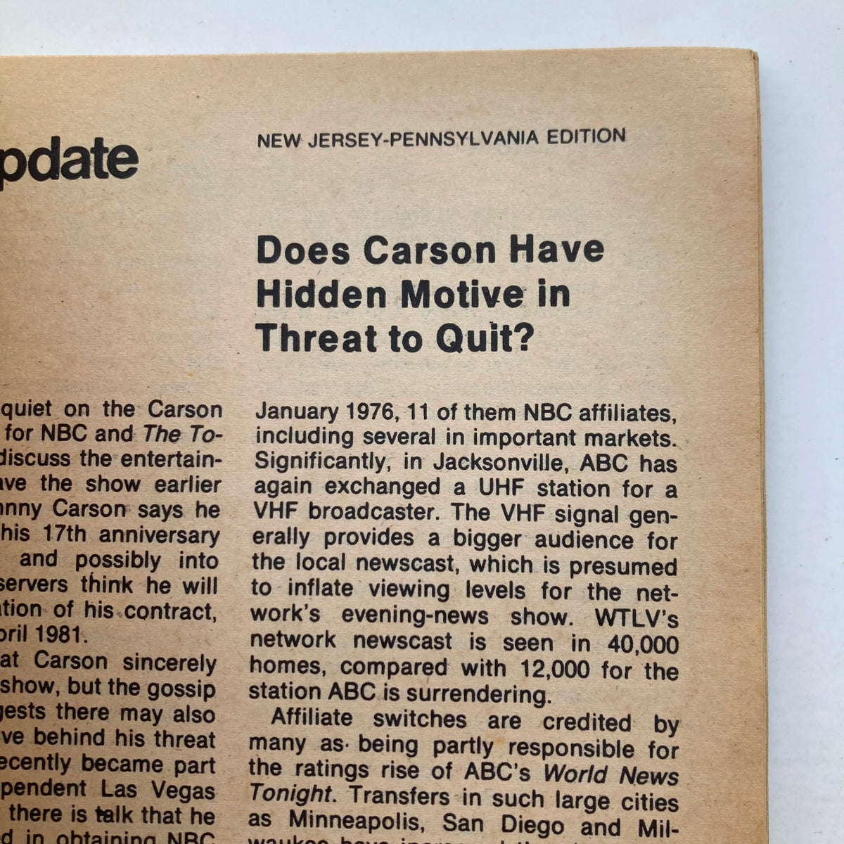 Inside article of TV Guide Magazine May 19 1979 discussing television updates, including coverage of Johnny Carson's potential contract negotiations.