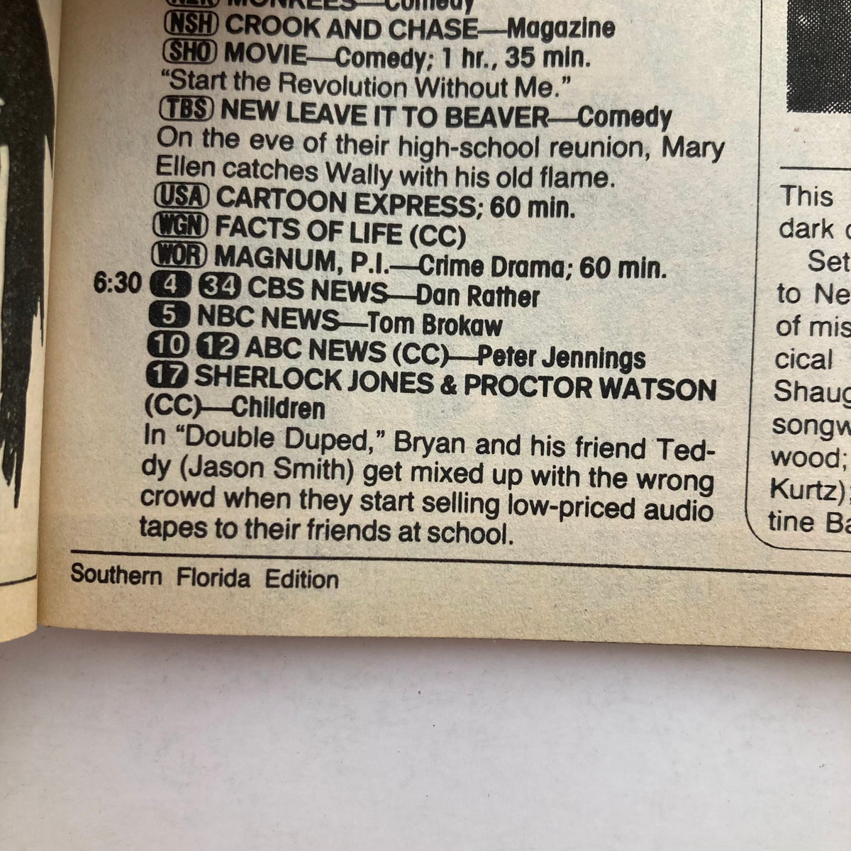 Interior page of TV Guide Magazine from May 23, 1987 showcasing the Southern Florida Edition TV listings with programs including Magnum, P.I., ABC News, and NBC News.