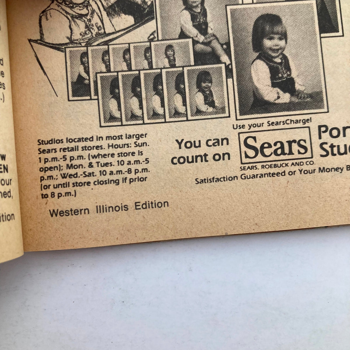 Inside page of TV Guide Magazine June 18 1983 featuring advertisements, including Sears Portrait Studios, highlighting photography services available at Sears locations in Western Illinois. The page includes multiple children's portraits and store hours.