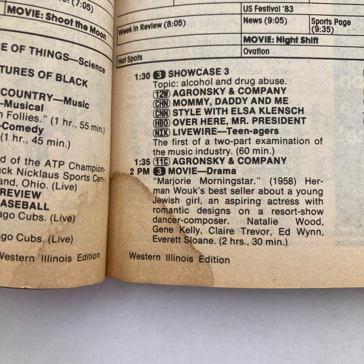 TV Guide Magazine August 20 1983 featuring programming listings and features. The image displays pages with TV schedules, including titles like 'Showcase 3' and 'Agronsky & Company', relevant to television history.